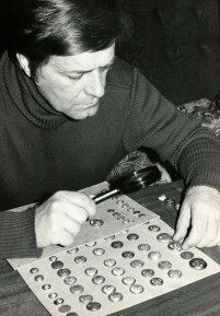 Ivo Tom with his collection of uniform buttons - 1982